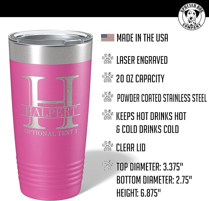 Personalized 20oz (17 Colors) Powder Coated Insulated Stainless Steel Tumbler with Lid, Custom Etched, Customized Engraved Gift Idea for Women Men Her Him, Halpert Monogram Initial Name (Pink)