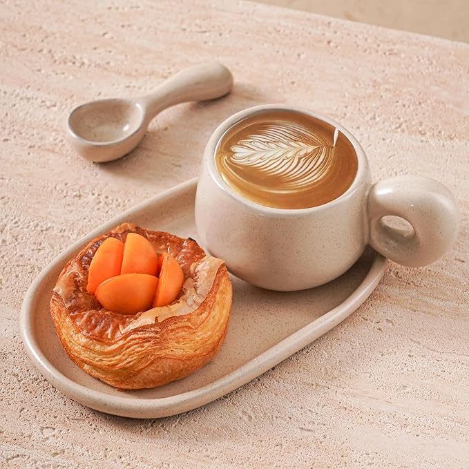 Uaral Ceramic Coffee Mugs Set,Cups Set with Saucer and Spoon for Coffee/Tea Break,Latte Breakfast.10oz Coffee Mug,8inch Ceramic Serving Tray and Spoon.3 Piece,Matte Cream