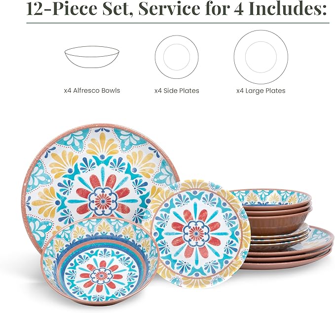 Larder & Vine 12-Piece Melamine Dinnerware Set: Durable, Lightweight, Break-Resistant Plates & Bowls ??Stylish, Non-Toxic, Dishwasher Safe ??Ideal for Everyday Use, Indoor & Outdoor Dining ??Southwest