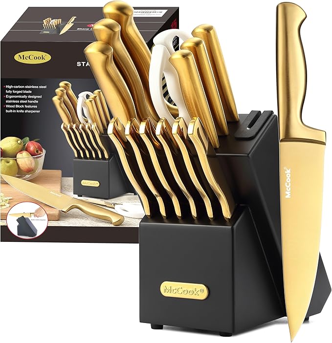 McCook짰 Knife Sets, Golden Titanium Stainless Steel Kitchen Knife Block Sets with Built-in Sharpener