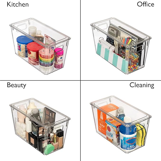 ClearSpace Modern Plastic Storage Bins with Lids ??Perfect Kitchen Organization or Pantry Fridge Organizer, 4 Pack, 12.5" x 6" x 7", 9L Capacity Each, BPA Free, Stackable
