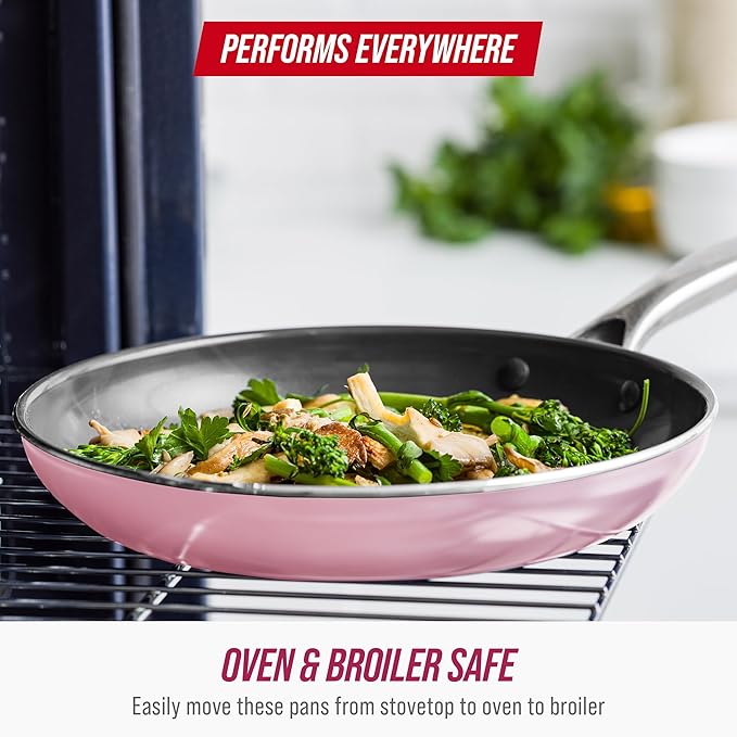 Blue Diamond Frying Pan 8??Skillet, Diamond Infused Healthy Ceramic Nonstick, PFAS and PFOA-Free, Dishwasher and Oven Safe, Even Heating, Metal Utensil Safe, Warp Control Base, Pink