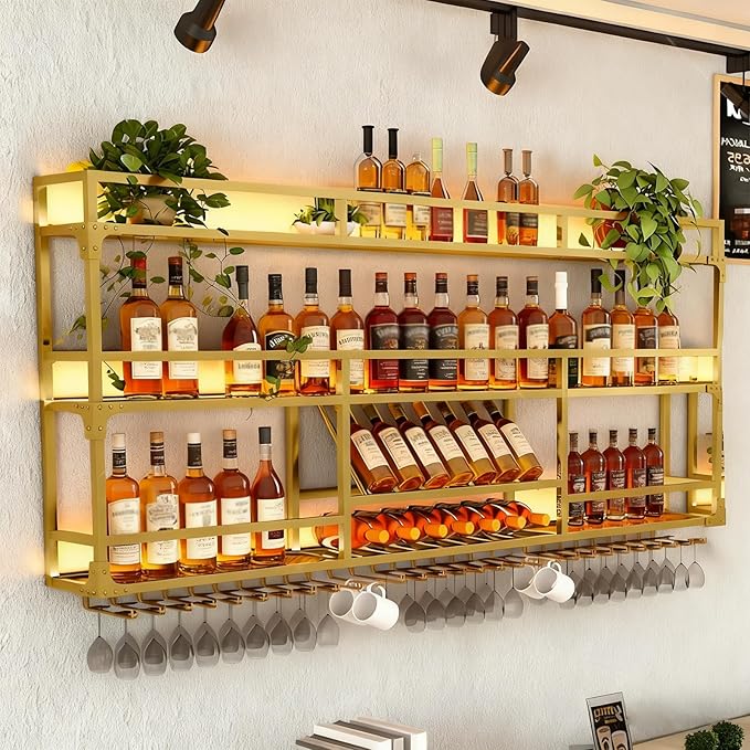 Wall Mounted Wine Rack, Floating Industrial Liquor Glass Holder 3 Tiers, Large Metal Wine Bottle Display Rack Hanging Shelf, for Home Bar Dining Room Decorative (Gold-B, 39.37x35.43x9.84in)