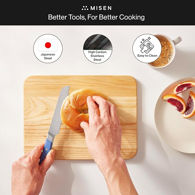 Misen Serrated Bread Knife - High-Carbon Japanese AUS8 Steel - Perfect for Soft Foods, Bread, Pastries, and Fruits - Verstatile Slicer, Razor-Sharp Edge, Durable Blade, Ergonomic Handle - 5", Red