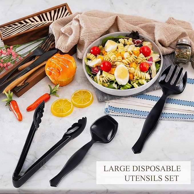 Mwellewm 36Pcs Plastic Serving Utensils Set 9'' Large Disposable Serving Spoons Forks Tongs for Serving Food Heavy Duty Black Large Party Utensils Supplies for Buffet Restaurant Dinner Salad Soup