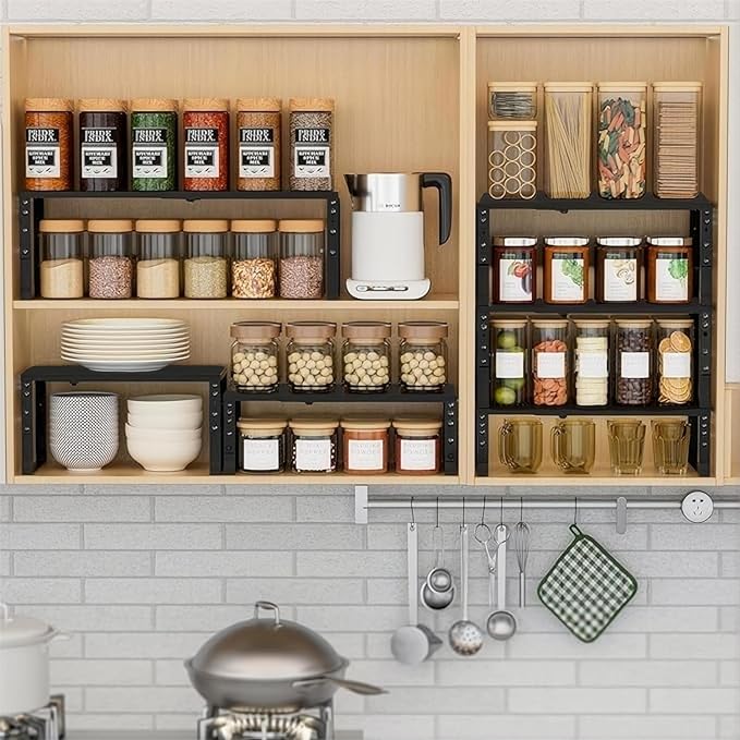 Expandable Spice Rack Organizion for Kitchen Cabinet, Seasoning,Bathroom Organizer Display Shelf, Stackable Multi-Purpose Shelves.Easy-to-Install竊?Packs/Black,Large