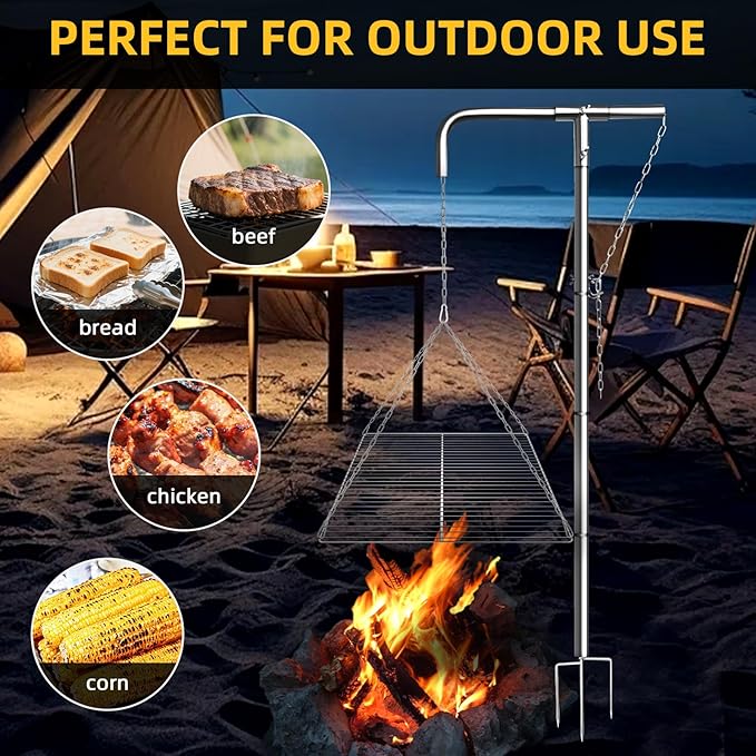 Stainless Steel Campfire Grill - Adjustable Height,360째 Rotatable & Foldable Camp Fire Cooking Equipment,Heavy Duty Portable Outdoor Open Flame Grilling Rack for Camping