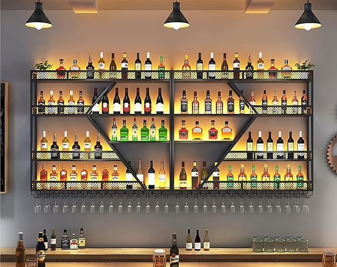 79 Inch 4 Tier Metal Wine Rack Wall Mounted, Modern Bar Shelves Wall Mounted Wine Rack with LED Light, Liquor Shelf Wall Mounted, Bar Shelves for Liquor Bottles (Black with Warm Led, 79-4 Tier)