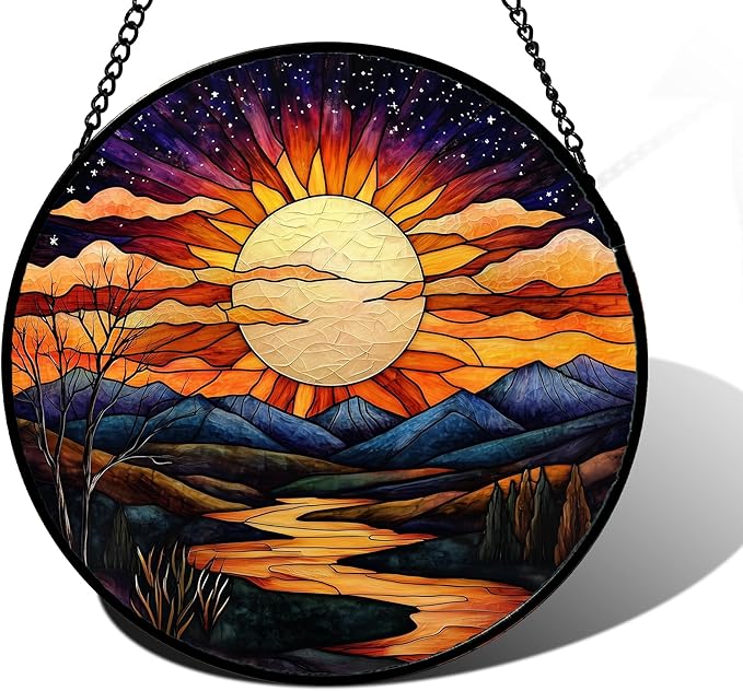 Stained Glass Window Hanging, The Sun Shines Brightly on Lake Sun Catchers Colorful Glass Panel Suncatcher Decor for Birthday for Women, Men, Wife, Lovers, and Mom 9.8 in
