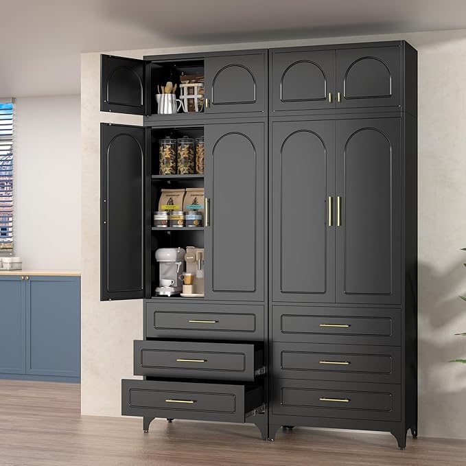 Kitchen Pantry Cabinet with 3 Drawers, 90" Tall Metal Storage Cabinets with Doors and Shelves, Food Cupboards for Dining, Living Room, 16" D x 32" W x 90" H, Black, Assembly Required