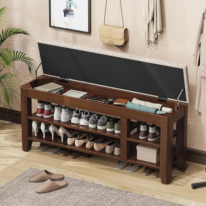 Shoe Bench for Entryway, Solid Rubberwood Shoe Bench with Hidden Storage, Adjustable 2-Tier Shelves & Soft PU Leather Seat, Shoe Rack Durable Easy Assembly for Hallway or Bedroom - Beige, 47.2"