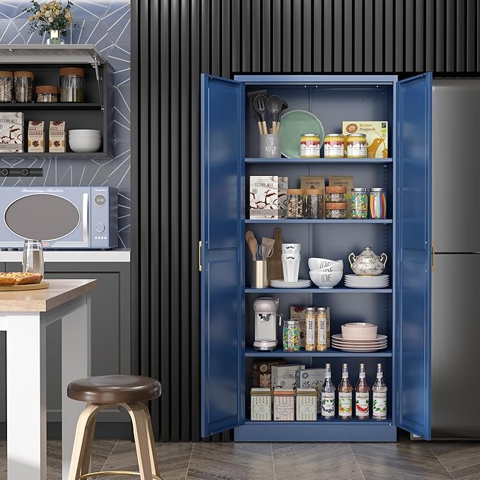 Kitchen Pantry Cabinet,71?쒫lue Metal Pantry Storage Cabinets with Doors and 4 Adjustable Shelves,Kitchen Cabinet with 2 Gold Handles,Tall Cabinet for Livingroom,