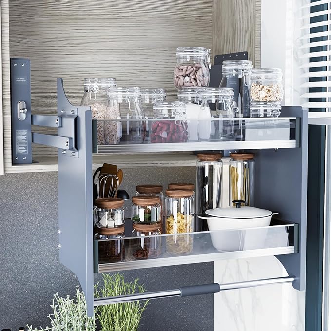 Pull Down Heavy Duty Shelf Organizer for Kitchen Upper Cabinet, 2-Tier Pull Down Cabinet Organizer, Adjustable Width of 22-24 Inch, Grey