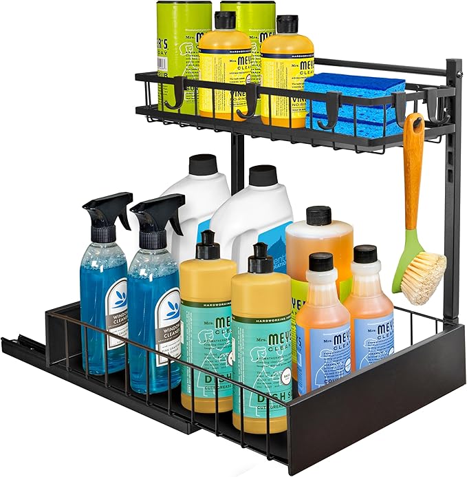 LYNK PROFESSIONAL짰 Pull Out Under Sink Kitchen Cabinet Organizer - 10" W x 14" D 2-Tier Drawer - Sliding Shelf Organizer for Cabinets and Undersink Storage Shelves - Lifetime Ltd. Warranty ??Black