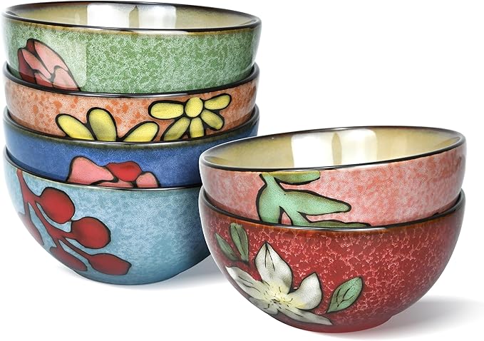 Ceramic Cereal Bowls Set of 6, Floral Design 6 inch ??28oz for Cereal, Salad, Soup, Dessert, or Snacks, Microwave, Dishwasher Safe