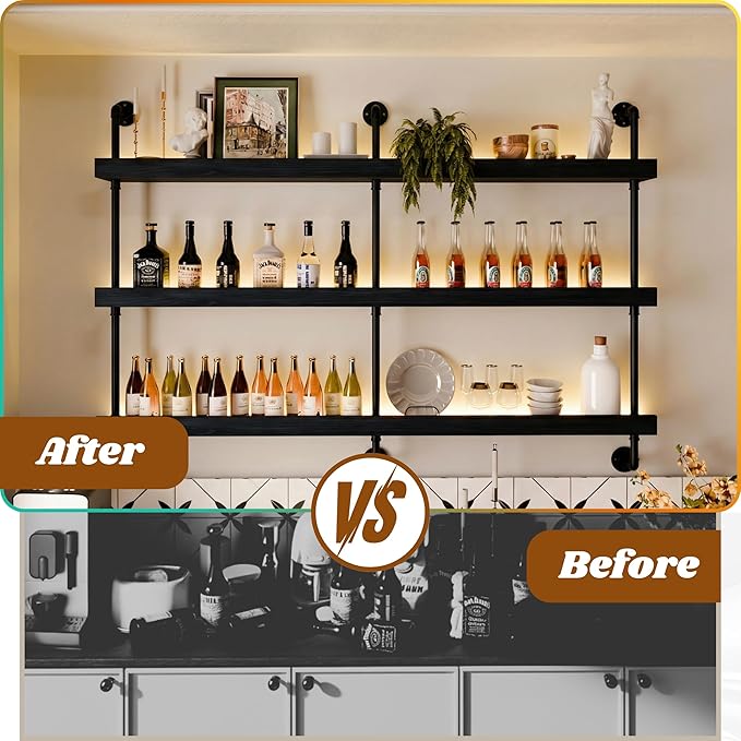 Wall Mounted Wine Rack with LED Light, LED Industrial Pipe Liquor Bar Shelves, 3-Tier Rustic Hanging Organizer for Wine Bottle Storage in Kitchen, Bar, Pub, Cellar(Black, 60 Inch)