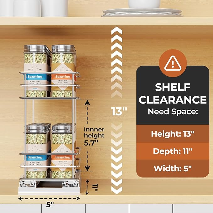 Pull Out Spice Rack Organizer for Cabinet, Slide Out Spice Racks, Easy to Install, 4.33" Wx10.43 Dx8.66 H, 1 Drawer 2 Tiers(Silver)
