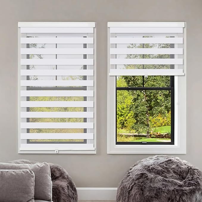 Zebra Blinds for Windows, 2 Pack Roller Window Shades, Blackout Blinds for Windows, Cordless Dual Layer Roll Up Blind Control for Day and Night, 24" W X 72" H, White