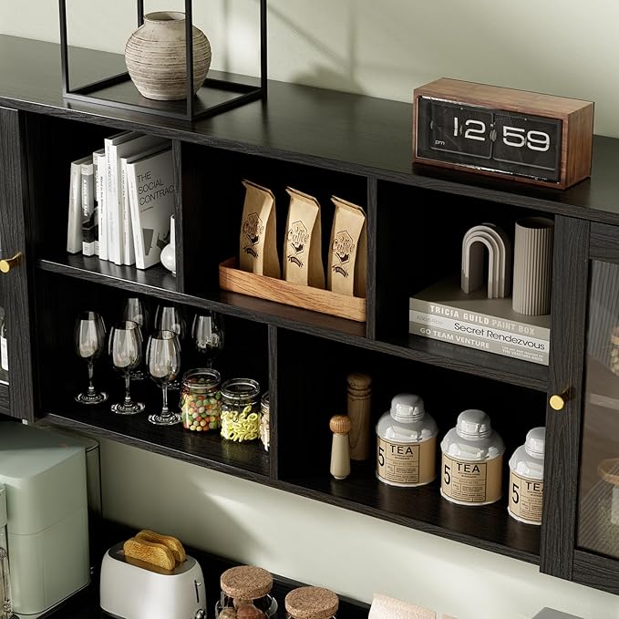 VOWNER Large Kitchen Hutch Cabinet, Kitchen Pantry Storage Cabinet with 6 Glass Doors, 3 Drawers & Microwave Shelf, Freestanding Cupboard for Open Storage (Black)