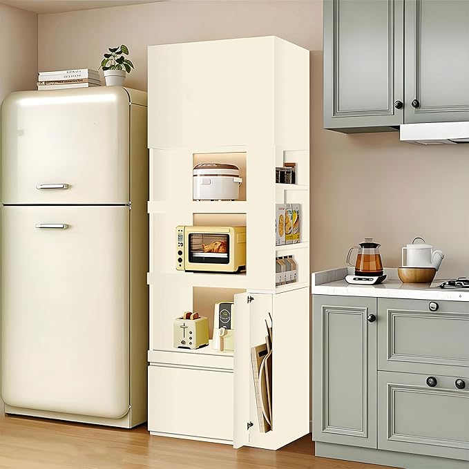 LINLIUA 71'' Tall Kitchen Pantry Cabinet, Wood Pantry Storage Cabinet with Doors, 3 Pull-Out Shelves and Drawer, Modern Slim Kitchen Hutch for Dining Room Small Space