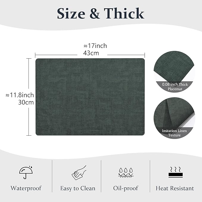 FROMHEART Faux Leather Placemats Set of 8?밯aterproof,Heat/Oil Stain-Resistant PU Table Mat?밨eversible,Non-Slip,Easy to Clean Place Mats for Kitchen,Dining,Indoor/Outdoor,(Dark Green,11.8" x 17")