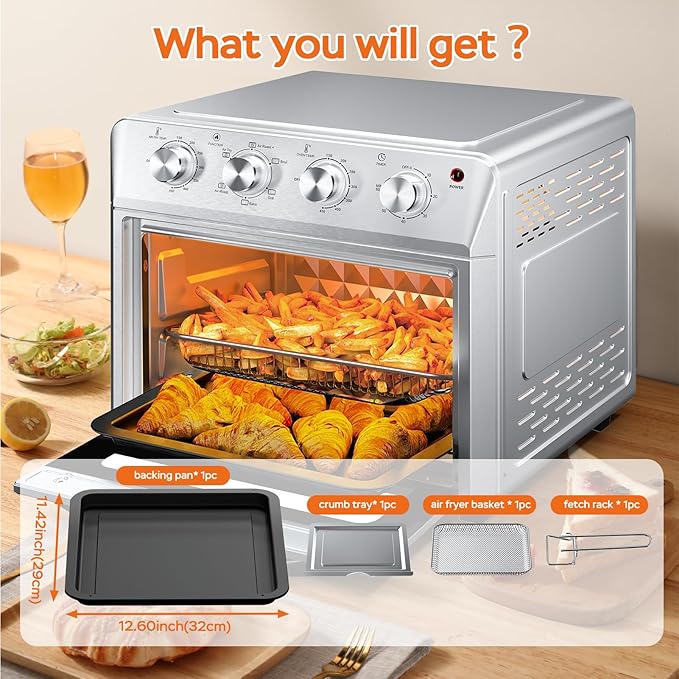 27.5QT 6-in-1 Air Fryer Toaster Oven Extra Large Dropdown-Door 6-Slice Convection Oven for Air Frying, Baking, Roasting, Broiling & Grilling, Stainless Steel Housing, Stainless Steel