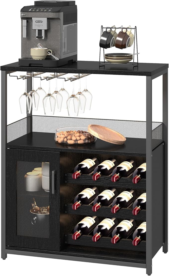 Vintage Industrial Wine Bar Cabinet with Adjustable Wine Racks and Glass Holders, Mesh Door Sideboard Storage Cabinet for Living Room, Kitchen, Dining Room, Compact Design, Easy Assembly,Black