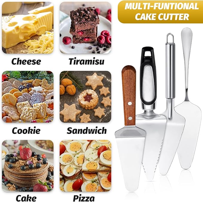 4 Pieces Pie Server Set Stainless Steel Pie Spatula Metal Cutter Serrated Cake Server Wood Handle Pizza Slicer Flatware Cake and Pastry Servers for Kitchen Cutting Serving Desserts