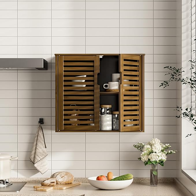 HITNET Medicine Cabinet, Bathroom Storage Cabinet Wall Mounted, Over The Toilet Space Saver Organizer with Doors and Bamboo Shelves, Walnut