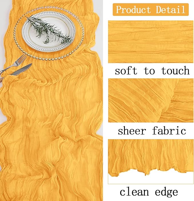 4 Pack Gold Cheesecloth Table Runner 20 x 120 inch Gauze Table Runners 10 FT Long,Semi Sheer Cheese Cloth Fabric Table Runner Bulk for Wedding,Party,Baby Shower,Bridal Shower Decoration