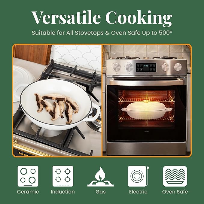 Larder & Vine Enameled Cast Iron Braiser | 3.6 qt Braiser Pan with Lid | Shallow Dutch Oven Compatible on All Cooktops | Casserole Dish Oven Safe to 500째 F | Dual Handles | White