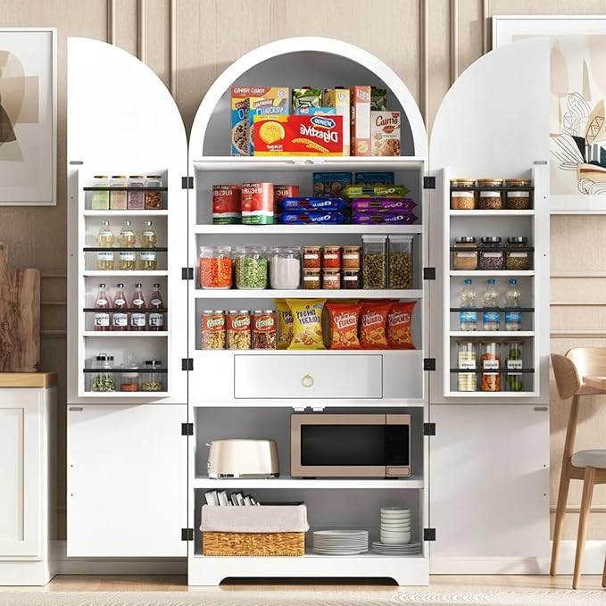 72" Tall Arched Kitchen Pantry, Modern Fluted Wood Storage Cabinet with 3 Adjustable Shelves and Hidden Drawer, Versatile Cupboard for Dining Room, Living Room, Bathroom, White
