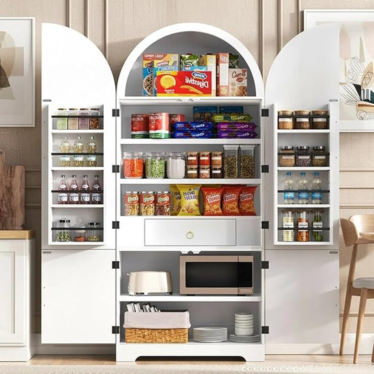 72" Tall Arched Kitchen Pantry, Modern Fluted Wood Storage Cabinet with 3 Adjustable Shelves and Hidden Drawer, Versatile Cupboard for Dining Room, Living Room, Bathroom, White