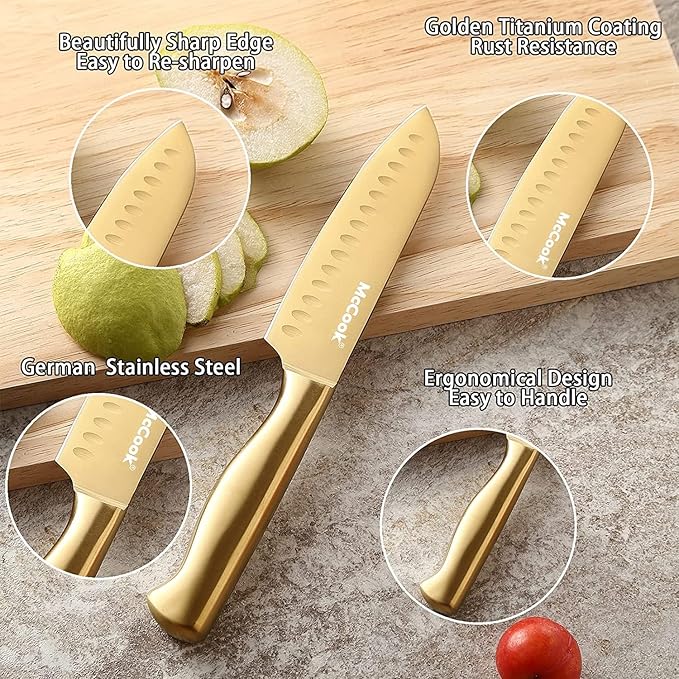 McCook짰 Knife Sets, Golden Titanium Stainless Steel Kitchen Knife Block Sets with Built-in Sharpener