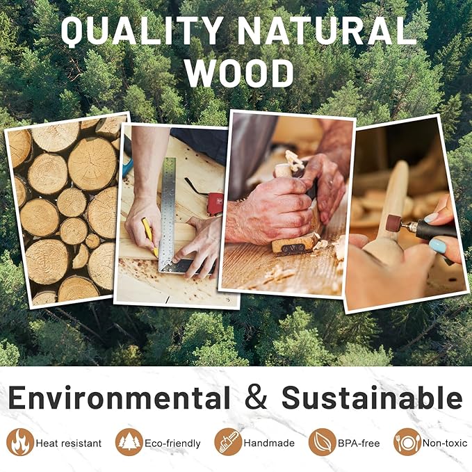 Pleafind Natural Solid Wooden Utensil Set - 10 Pcs, Non-stick Wooden Spoons for Cooking, Soft Comfort-Grip Wooden Cooking Utensils Set, Wood Kitchen Utensil Set for Non-Stick Cookware