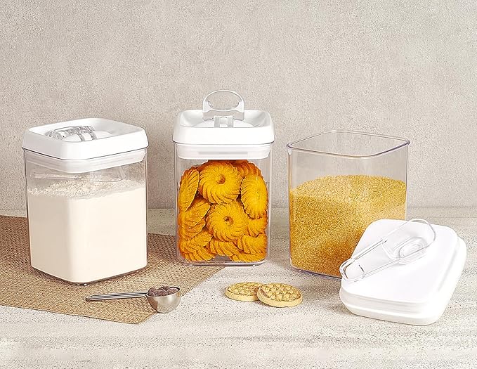 Felli Flip Tite Storage Container with Built-In Spoon & Airtight Lid 5??Large-M Ring Flip Top, Stackable Acrylic Canister for Rice Sugar Flour Protein Powder, Kitchen Pantry Organizer (1.8qt)