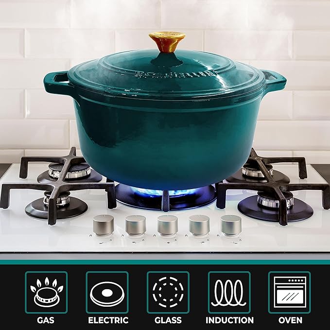 Mueller DuraCast 6 Quart Enameled Cast Iron Dutch Oven Pot with Lid, Heavy-Duty, Oven Safe up to 500째 F & Across All Cooktops, Wedding Registry Ideas & Gifts, Emerald