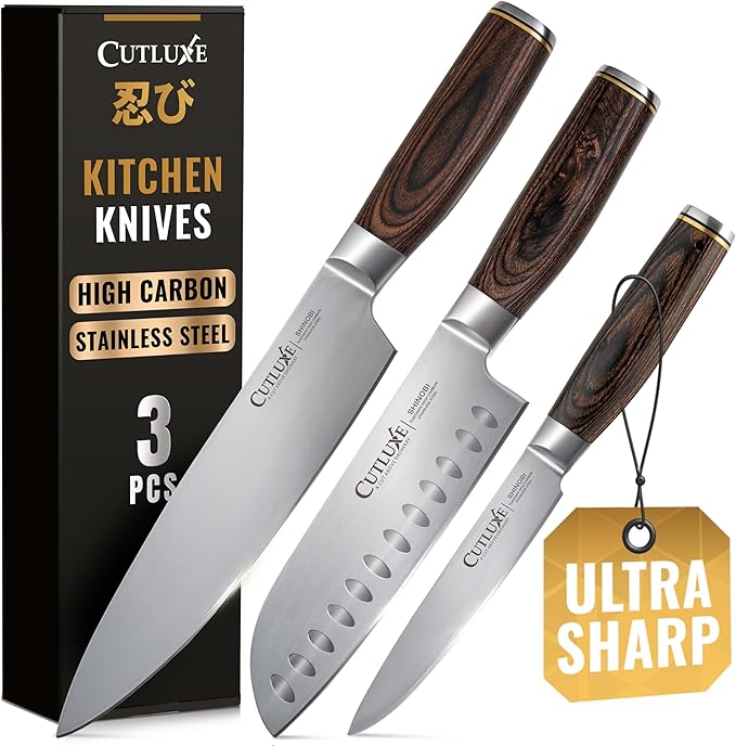 Cutluxe 3-Piece Chef Knife Set ??Ultra Sharp Japanese Kitchen Knives, High Carbon Stainless Steel Blades, Full Tang Pakkawood Handles ??Shinobi Series