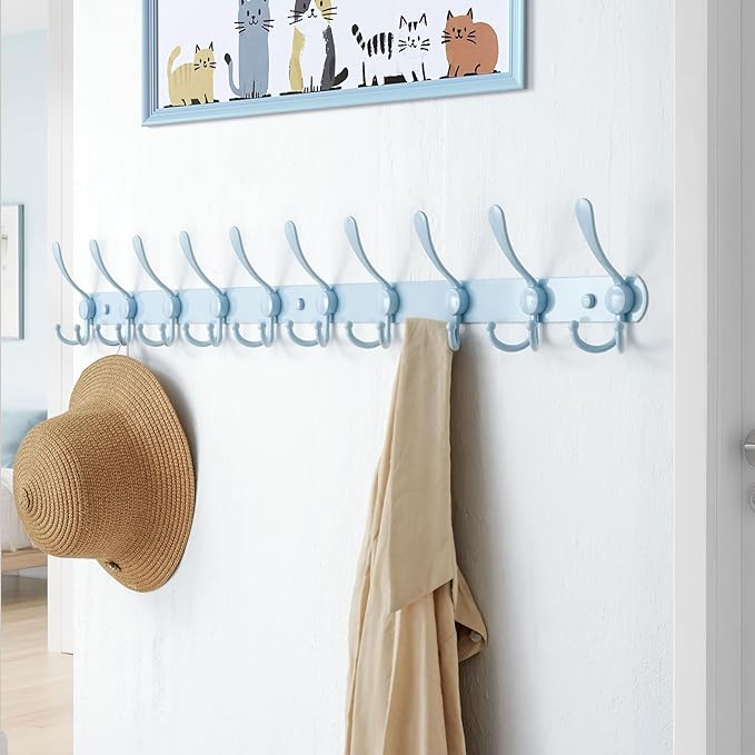 Dseap Coat Rack Wall Mount - 38??Long 10-Tri-Hooks Heavy Duty Coat Hanger Rail Wall Hooks for Hanging Coats Hats Clothing Clothes Purse Mudroom Entryway, Blue, Pack of 2