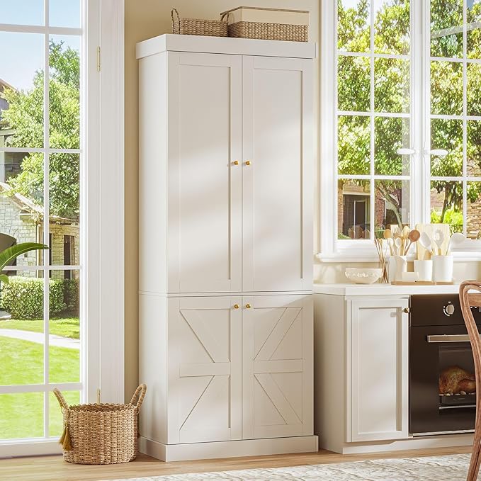 70.8" Tall Farmhouse Kitchen Pantry Cabinet with Glass Doors, Modular Wooden Storage Cabinet with 6-Tier Adjustable Shelves, Hutch for Kitchen or Living Room, Set of 3, White