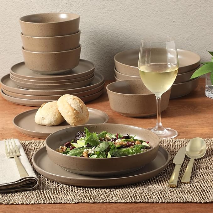 Gibson Elite Overbrook 16-Piece Pottery Clay Stoneware Dinnerware Set ??Terraccotta Brown Reactive Glaze, Stackable Plates and Bowls w/Pasta Bowl, Service for 4 ??Microwave & Dishwasher Safe