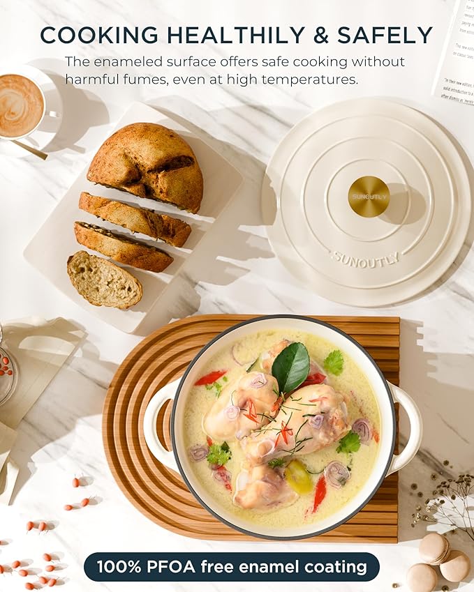 Enameled Cast Iron Dutch Oven - 4.5QT Pot with Lid & Cotton Potholders - Heavy-Duty Cookware for Braising, Stews, Roasting, Bread Baking, Oven Safe up to 500째 F & Across All Cooktops, Cream White