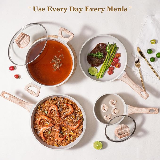 12 Pcs Pots and Pans Set Non Stick, Cookware Sets White Granite Induction Cookware, Non-toxic Healthy Nonstick Kitchen Cooking Set with Frying Pan Set, Saucepans (PFAS/PFOA/PFOS Free)