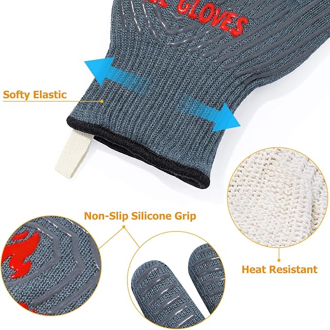 QUWIN BBQ Gloves, Oven Gloves 1472??Extreme Heat Resistant, Grilling Gloves Silicone Non-Slip Oven Mitts, Kitchen Gloves for BBQ, Grilling, Cooking, Baking-1 Pair??(Grey, One Size Fits Most)