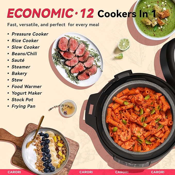 1200W 12-in-1 Electric Pressure Cooker 8Qt, Stainless Steel Pressure Cooker, Slow Cook Rice Cooker Steamer Saut챕, Yogurt Maker, Warmer & Sterilizer with Recipe, Safer Venting Design, Sliver