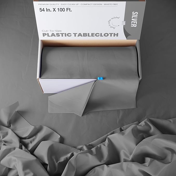 Party Solids 54 Inch X 100 Feet Silver Plastic Table Cover Roll in A Cut - to - Size Box with Convenient Slide Cutter. Cuts Up to 12 Rectangle 8 Feet Plastic Disposable Tablecloths