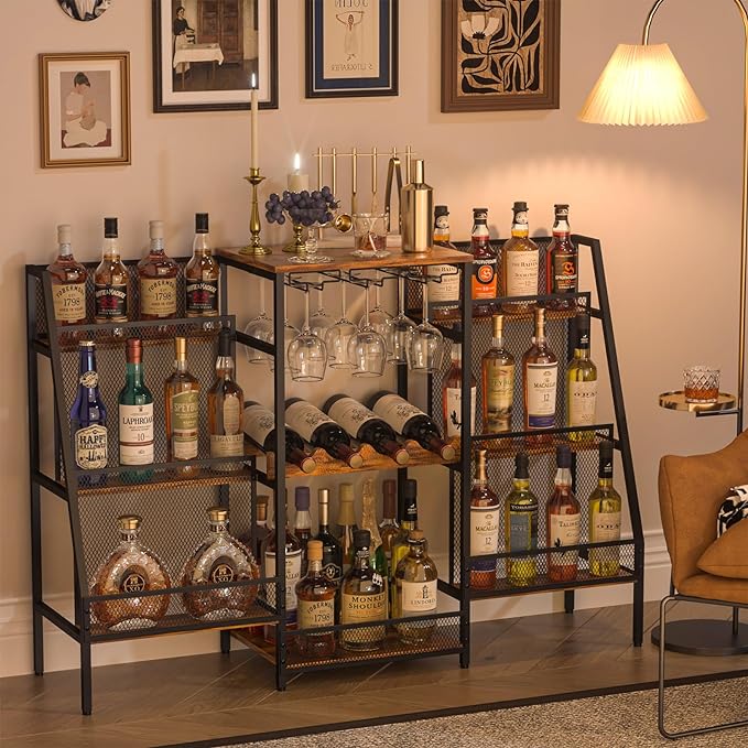 6-Tier (Safe Height for Kids & Pets) Freestanding Wine Rack with Glass Holders & Fences, Large Bar Cabinet for Home, Liquor Stand for Wine Bottles, Christmas & Holiday Party Wine Shelf