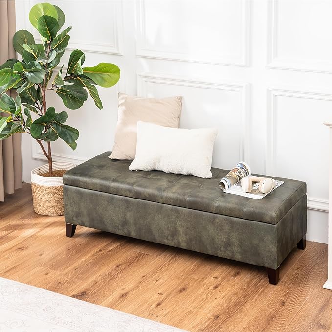 DECO DE VILLE Ottoman with Storage, 51 Inch End of Bed Storage Ottoman Bench, Faux Leather Upholstered Ottomans with Hinged Lid, Rectangle Long Foot Rest Bench for Living Room Bedroom Dark Green
