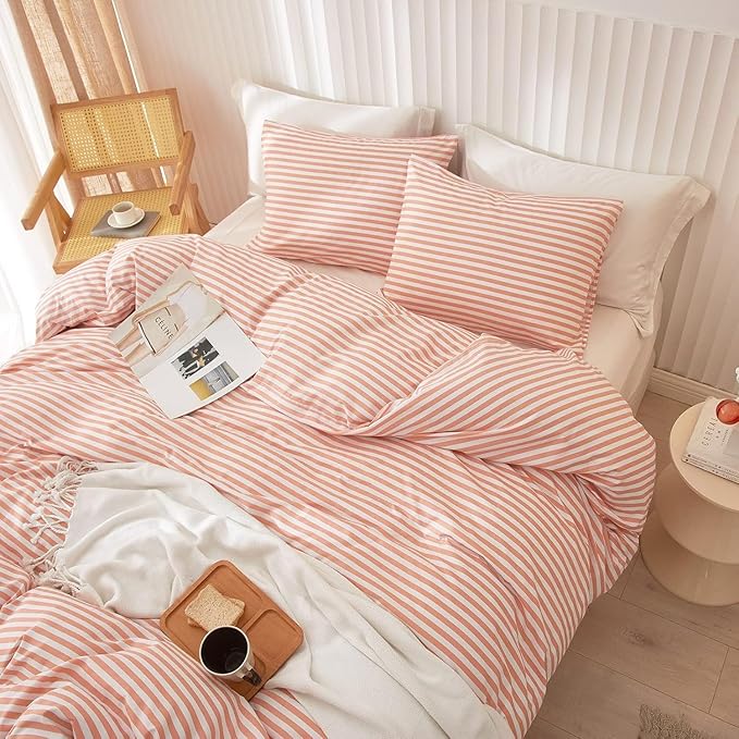 King Size Comforter Set Pink White Stripes Pattern Comforter Modern Striped Comforter Set Fluffy Lightweight 3 Pieces Bedding Comforter Farmhouse Stripes Boho Bed Comforter with 2 Pillowcases