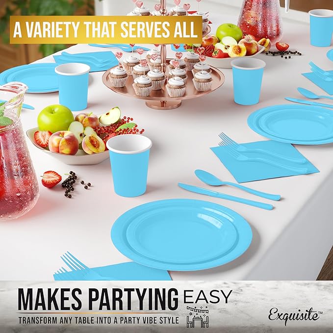 Exquisite 350 Pcs Light Blue Paper Plates For Party, Light Blue Disposable Plates Set, 50 Of Each 9" Dinner Plate Set, 7" Dessert Plate, Cups, Napkins & Cutlery Paper Dinnerware